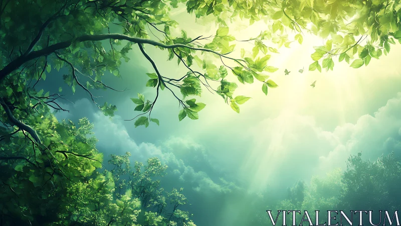 Sunlit forest canopy with glowing green leaves and sky.