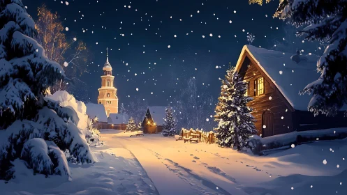 Snow-illuminated village street frames church tower under night sky
