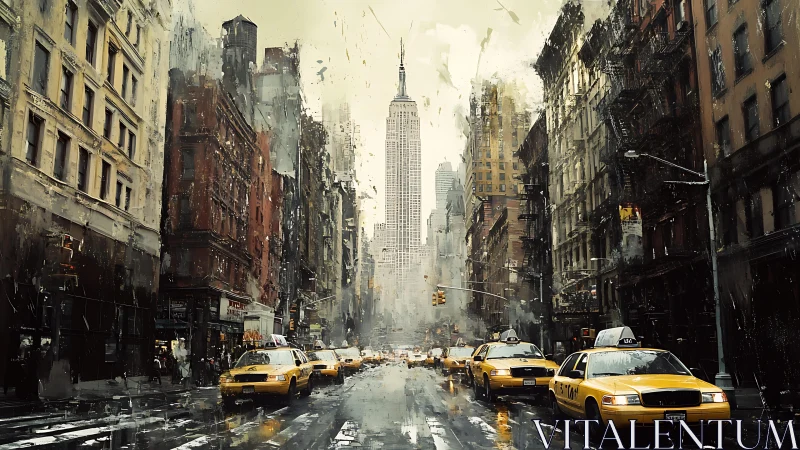 Rain-soaked Manhattan avenue with taxis and skyline depth.