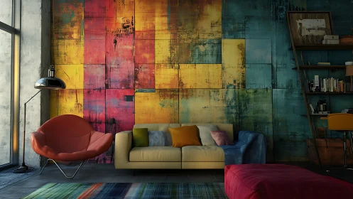 Color-soaked living room where cozy comfort meets bold art.