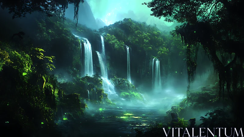 Mystical Waterfall Canyon with Bioluminescent Forest.