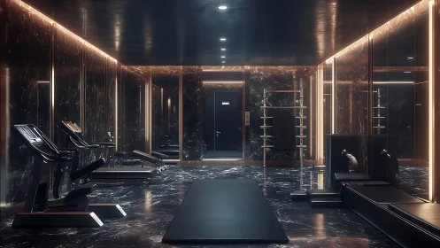 Sleek mirrored luxury gym in dramatic noir lighting.
