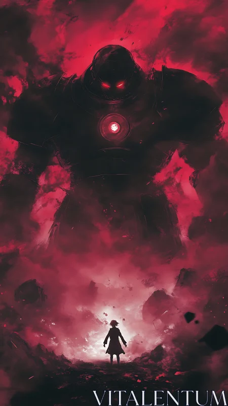 Silhouetted figure confronts towering armored giant in red haze