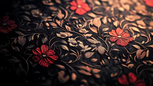 Crimson Flowers Emerge Against Golden Embroidered Darkness.