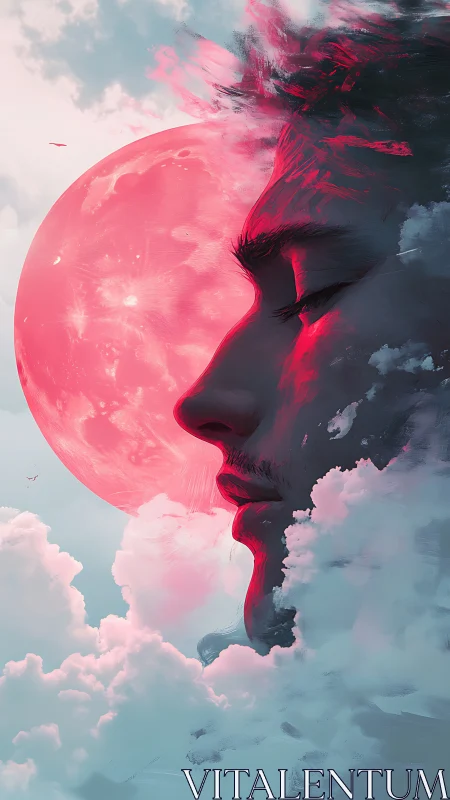 Dreamer profile merges with glowing crimson lunar halo.