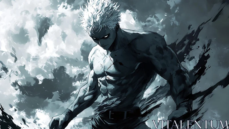 White-haired warrior emerges from storming ink shadows.