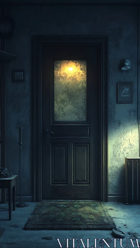 Weathered hallway door with frosted glass and lamp glow