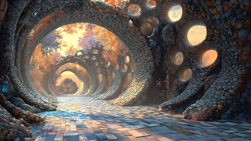 Surreal stone archway tunnel glows with dreamy autumn light
