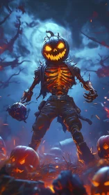 Fiery pumpkin knight guards a wildly glowing Halloween night.
