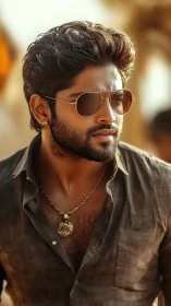 Bearded man in sunglasses and necklace outdoors portrait.