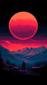 Digital painting of lone figure under vast neon red moonscape.
