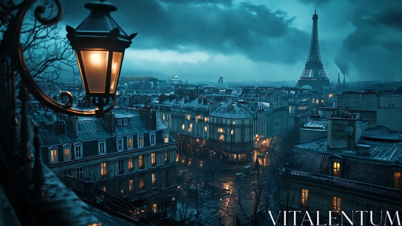 Moody Parisian rooftops under stormlit teal evening sky.