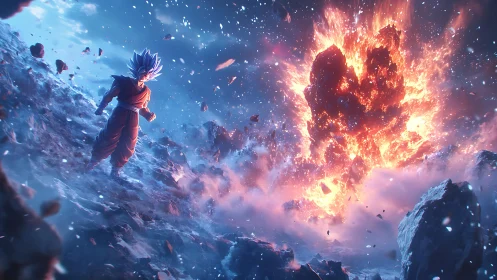 Blue‑haired warrior walks calm while a planet’s heart erupts