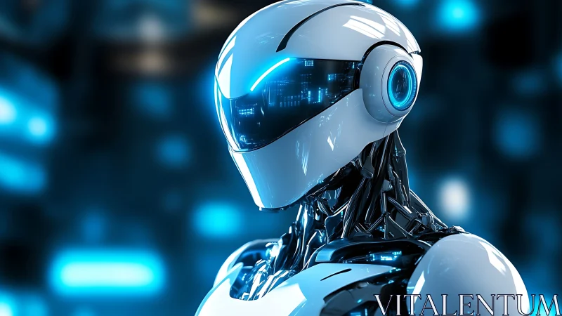 Humanoid robot with sleek white armor in blue light.