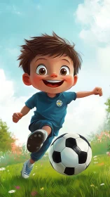 Energetic cartoon boy kicking soccer ball on sunny grass field