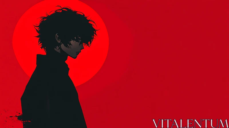 Silhouetted anime boy stands before large red sun circle