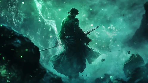 Lone swordsman in green mist facing unknown threat.