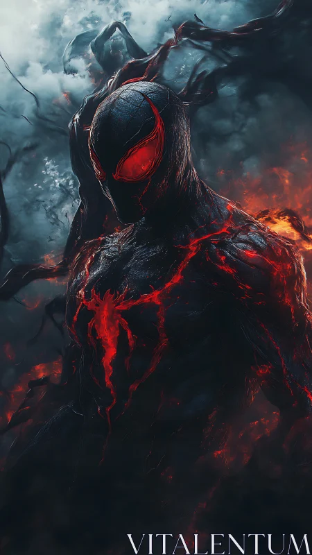 Symbiotic humanoid figure stands amid smoke and embers