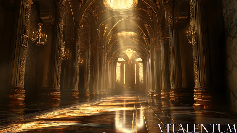 Gilded baroque cathedral nave with volumetric golden sunlight