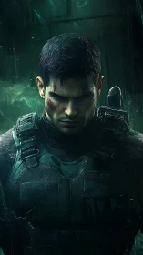 Armored male figure stands in rain with lowered gaze