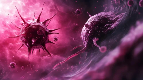 Microscopic Virus Cells in Vivid Pink Digital Art Style.