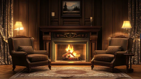 Photorealistic classic lounge with symmetric fireplace focus.