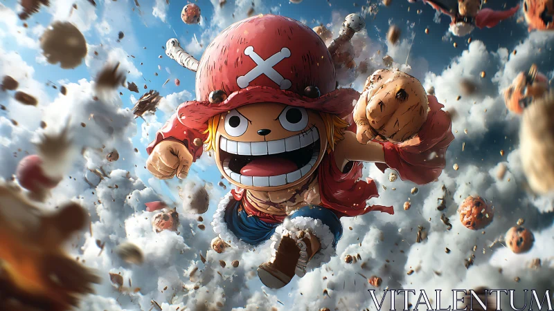 Energetic anime pirate charging through exploding skyfield.