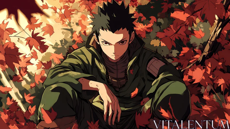 Serious anime soldier seated among red autumn leaves.