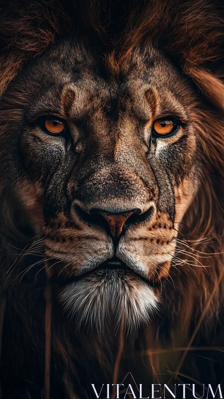 Lion&rsquo;s intense amber gaze commands the shadowed savanna.