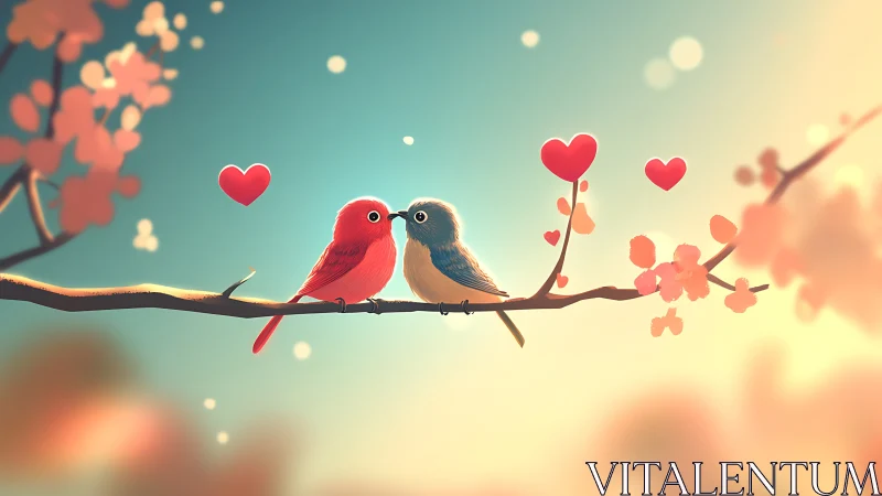 Two Cardinals Perched on Branch With Floating Heart Symbols and Blossoms