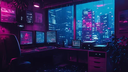 Cyberpunk hacker workstation with neon-lit skyline window view.