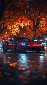 Red sports car on wet city street under autumn trees.