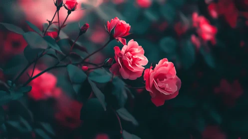 Moody Garden Scene with Vibrant Pink Roses