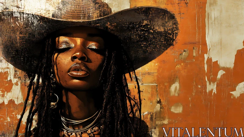 Digital portrait of serene cowgirl against distressed wall.