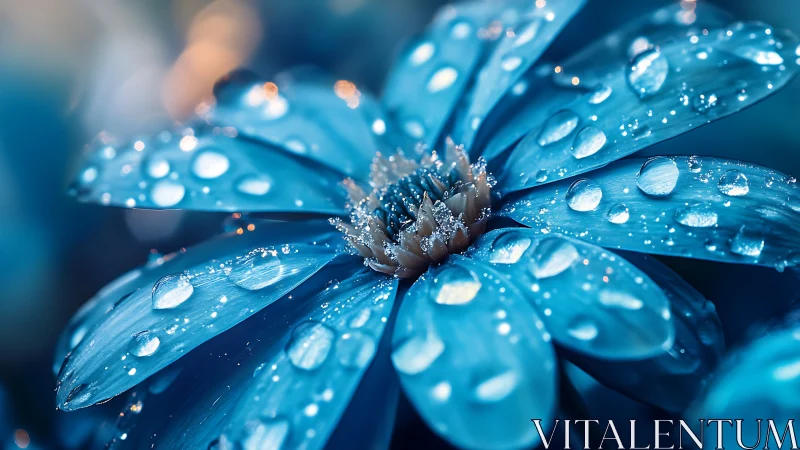 Azure Petals with Dewdrops: Macro Photography of Water-Kissed Bloom.