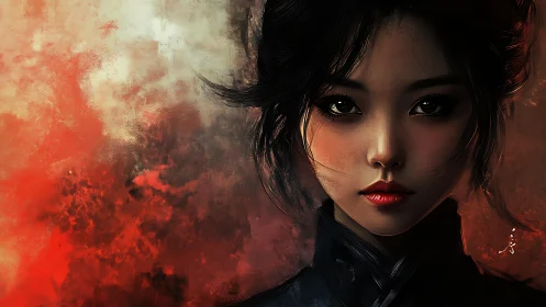 Digital portrait of young woman on fiery abstract backdrop.