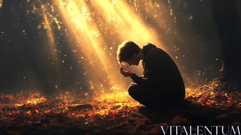 Golden forest light gently surrounds a quiet autumn moment