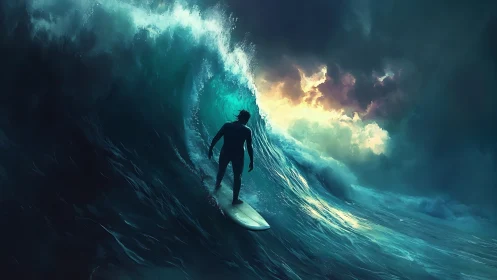 Stormlit surfer rides an ocean monolith beneath wild skies.