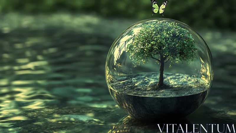 Lush Tree in Glass Sphere with Butterfly, Surreal Nature Art.