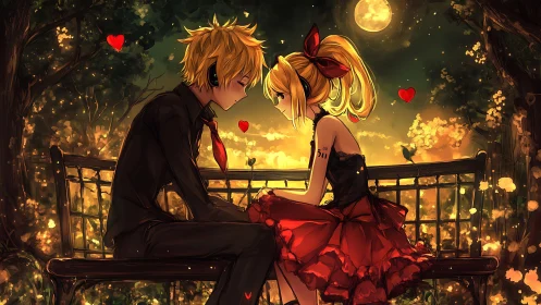 Nocturnal anime duet in luminous bokeh garden tableau.