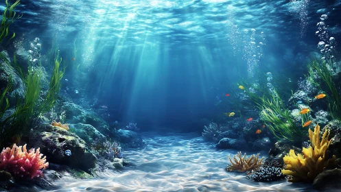 Subsurface reef corridor with volumetric caustic lighting field.