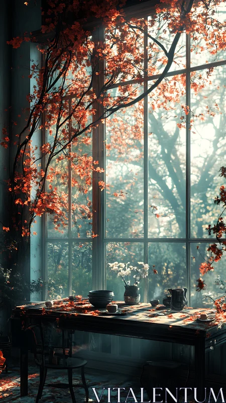 Sunlit garden window embracing a quiet, cozy table scene.