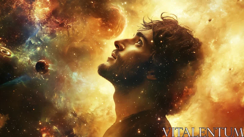 Stargazing silhouette within radiant cosmic nebula clouds.