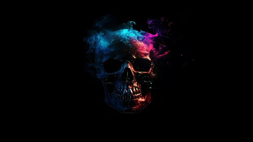 Neon smoke skull on black background in digital art.