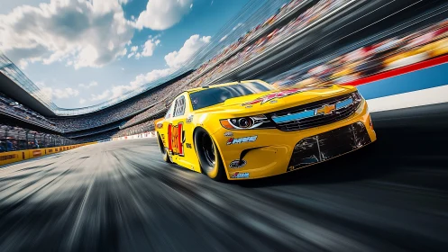 Yellow stock car slingshots through a sunlit thunder oval