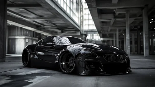 Midnight black sports car waits in a stark urban garage