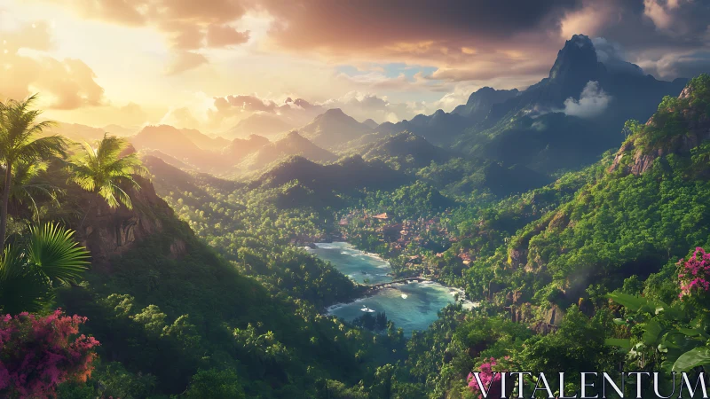 Coastal tropical valley shows dense forest, bay and village