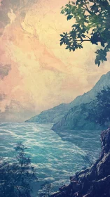 Textured digital seascape with cliffs, foliage, and pastel sky.