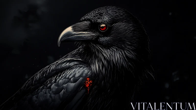 High-contrast raven portrait with specular feather detail and red eye