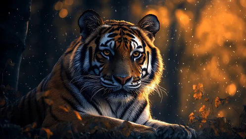Ember-eyed forest tiger resting beneath falling sparks.